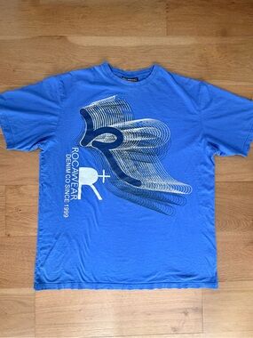 VTG Y2K Rocawear SS T-Shirt Blue Abstract Wave Mens 3X Streetwear Hip Hop Jay Z